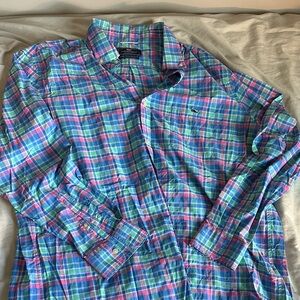Vineyard Vines Men's Blue, Green, and Pink Plaid Shirt